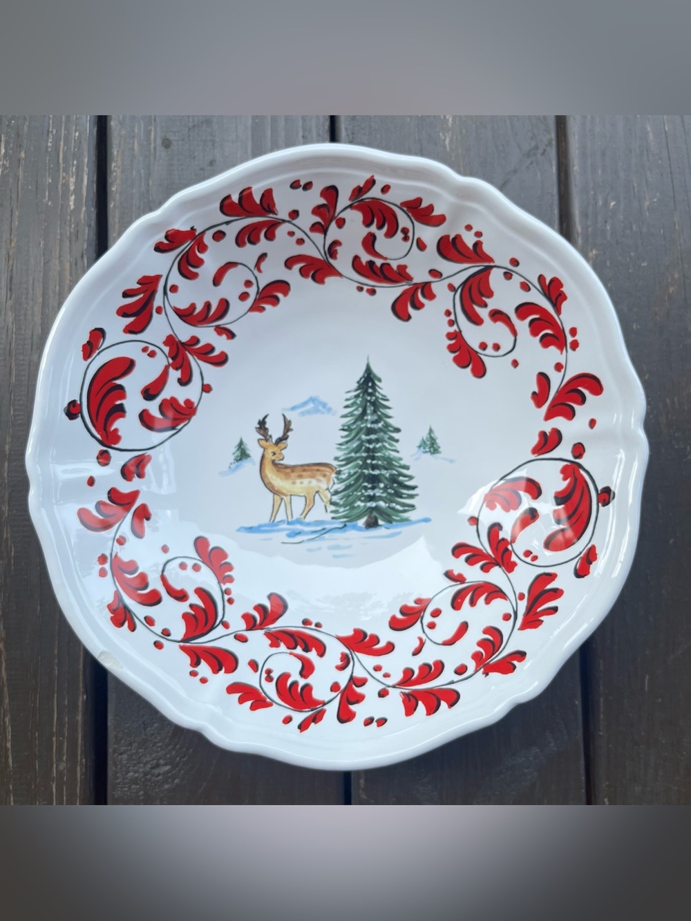 Nova Deruta Italy Large Serving Bowl Christmas Reindeer Pine Tree Red Leaves